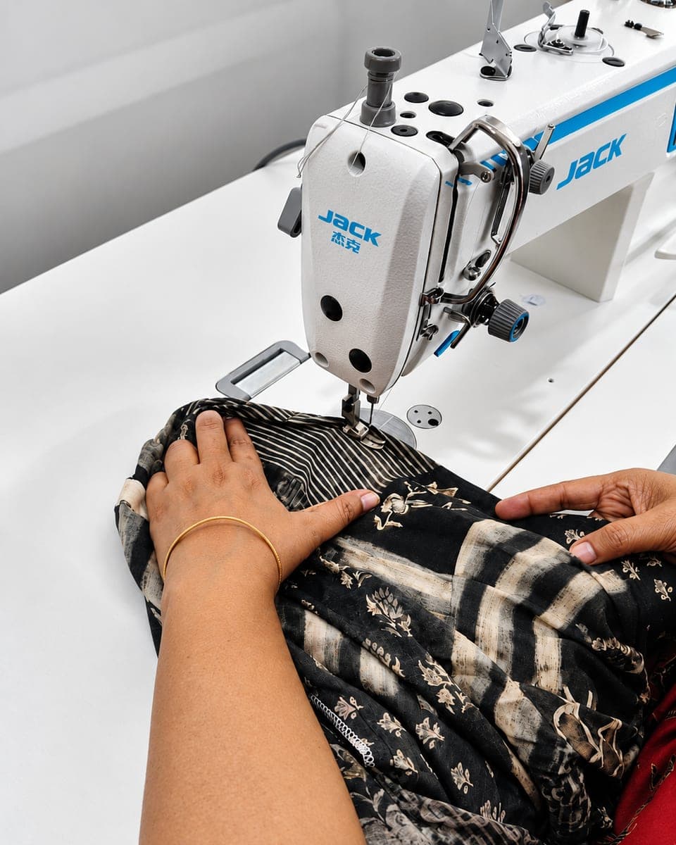 Hands at hand-stitching in the Label AshB studio
