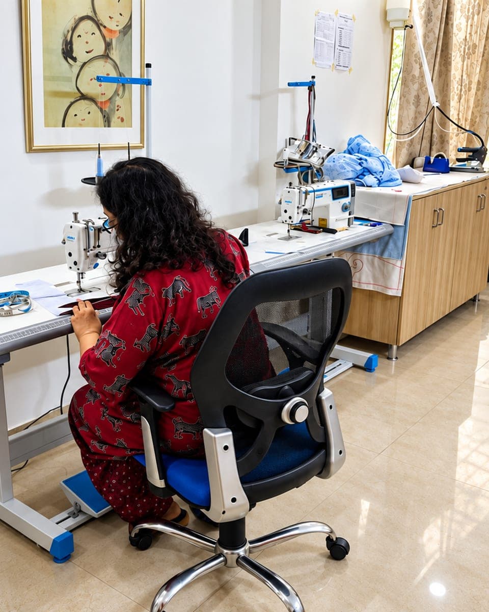 The Label AshB worktable with tools and sewing machine