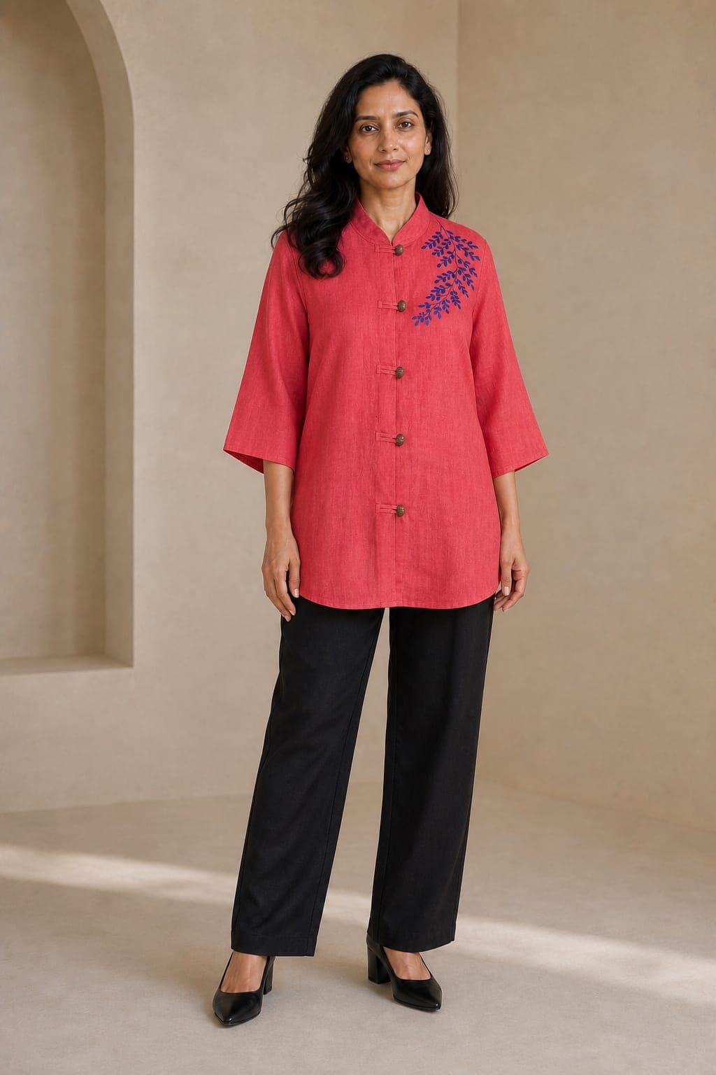 Leafsong Mandarin Shirt - Coral ground, blue leaf vines, mandarin collar